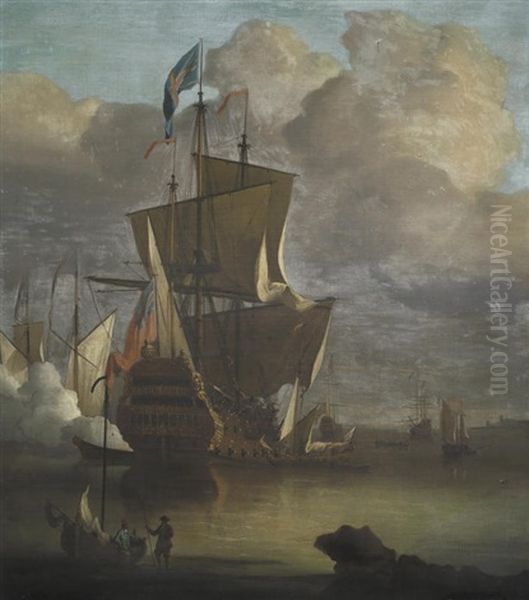 Man O' War Firing A Salute Oil Painting by Peter Monamy