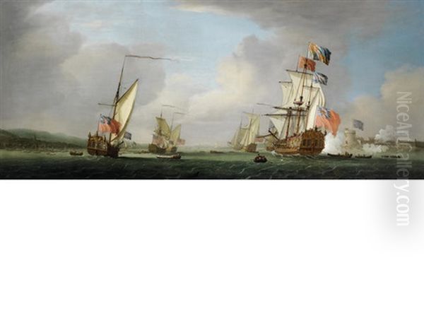 The Royal Yacht Peregrine And Her Escorts Off Gillingham, Kent, Acknowledging A Salute As She Passes Upnor Castle Oil Painting by Peter Monamy