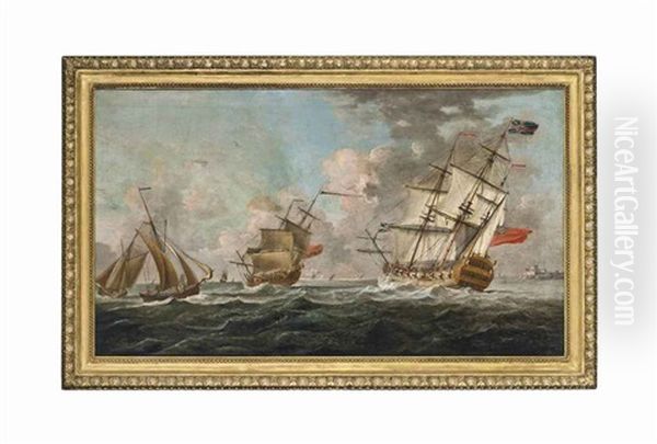 Warships Of The Royal Navy Heeling In The Breeze Off, What Has Traditionally Been Identified As, Castle Cornet, St. Peter Port, Guernsey Oil Painting by Peter Monamy