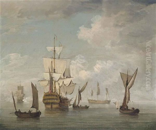 An English Two-decker Preparing To Get Underway From Her Anchorage Surrounded By Other Warships In A Calm Oil Painting by Peter Monamy