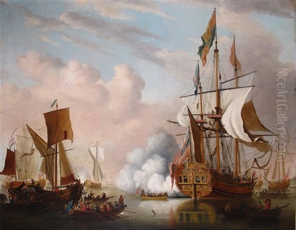 A Royal Yacht (possibly The Carolina) Firing A Salute And Other Boats In A Busy Shipping Scene Oil Painting by Peter Monamy