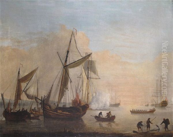 Warships And Fishing Boats Moored Off The Coast With A Ship Firing A Salute For An Approaching Launch Oil Painting by Peter Monamy