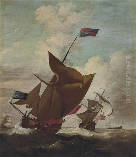 An English Royal Yacht, With The Lord High Admiral, Prince George (husband Of Queen Anne, 1653-1708) Aboard, Amidst Escorting Warships In A Stiff Breeze Oil Painting by Peter Monamy