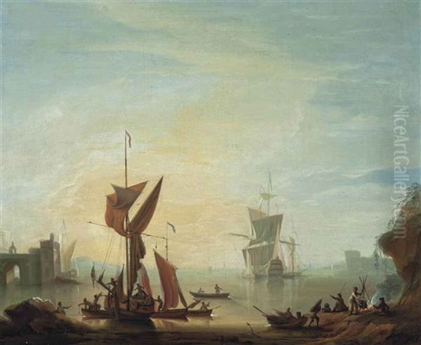 A British Warship Lying Off A Fortified Mediterranean Port Oil Painting by Peter Monamy