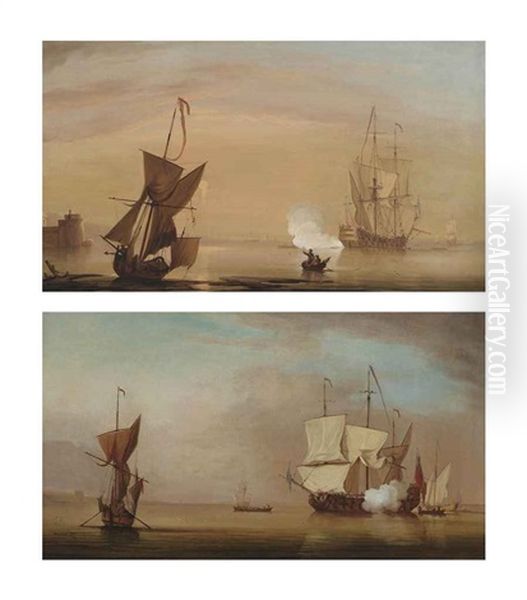 A Two-decker Announcing Its Departure From A Fortified Anchorage (+ A Royal Navy Two-decker Saluting The Departure Of An Admiral; Pair) Oil Painting by Peter Monamy