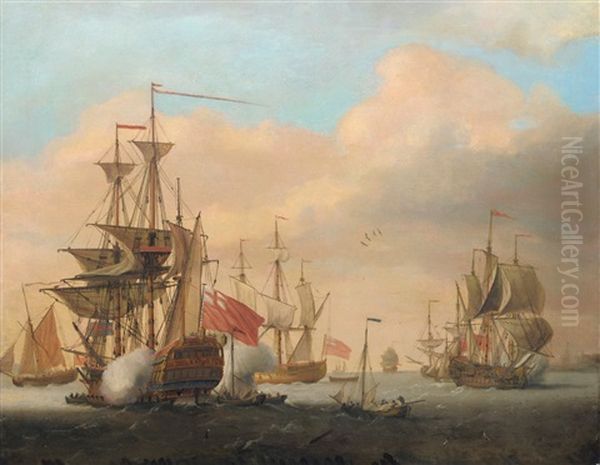 Seascape With Shipping In A Naval Battle Oil Painting by Peter Monamy