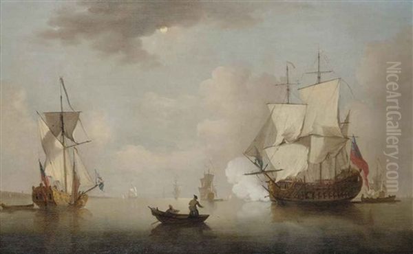 The Flagship Firing A Salute As She Leaves The Anchorage, With A Royal Yacht Making Ready To Depart Oil Painting by Peter Monamy