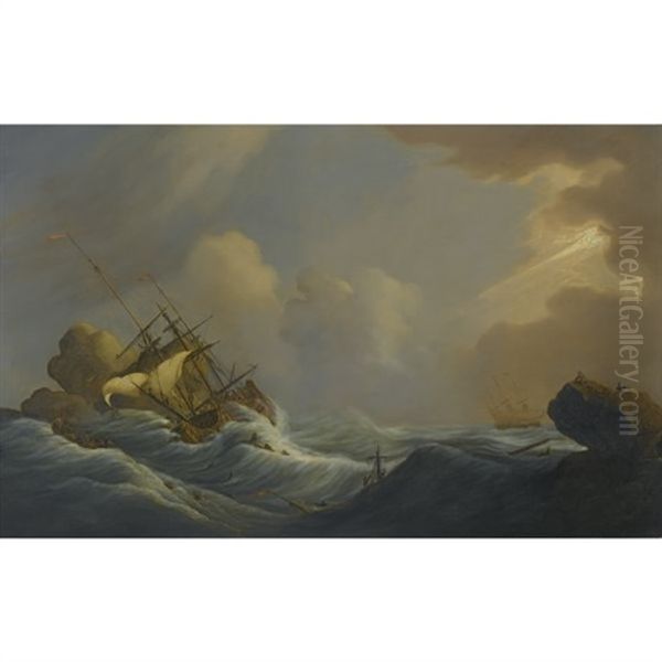 A Shipwreck In Heavy Storms, Another Ship In The Distance Oil Painting by Peter Monamy