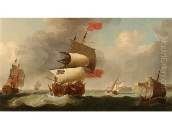 British Ships Under Sail In Choppy Seas Beside A Coastline Oil Painting by Peter Monamy