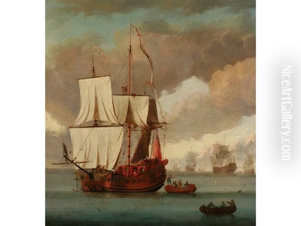 A Yacht Anchoring In Calm Waters, Possibly The Royal Yacht Caroline Oil Painting by Peter Monamy