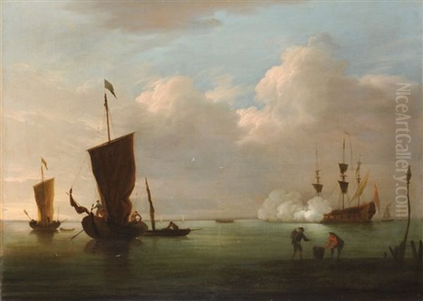 The Morning Gun, A Naval Warship Firing A Salute Oil Painting by Peter Monamy