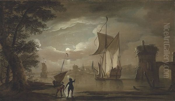 A Moonlit Coastal Scene, With An Admiralty Yacht In The Foreground Oil Painting by Peter Monamy