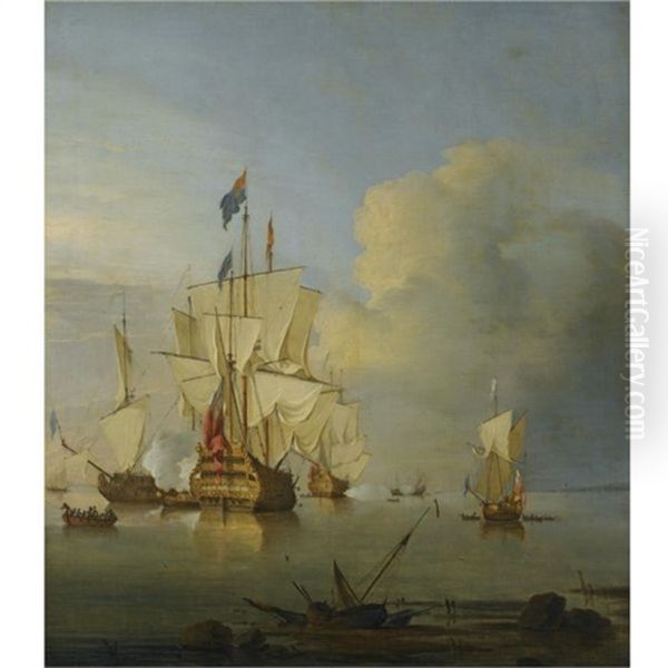 British Men Of War At Anchor With The "royal George" Firing A Salute Oil Painting by Peter Monamy