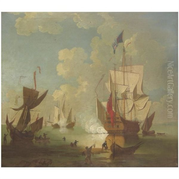 The Evening Gun, A British Man-of-war And Other Shipping In A Calm Oil Painting by Peter Monamy