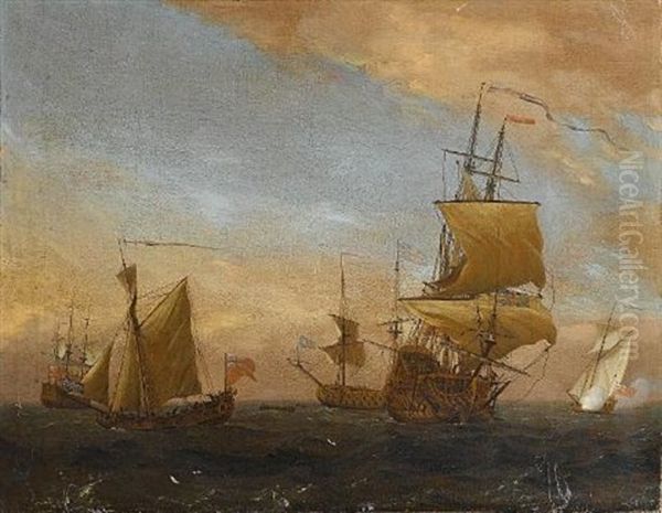 A Squadron Of The Red Gathered Together With Two Admiralty Yachts Nearby, One Firing A Salute As She Approaches The Flagship Oil Painting by Peter Monamy