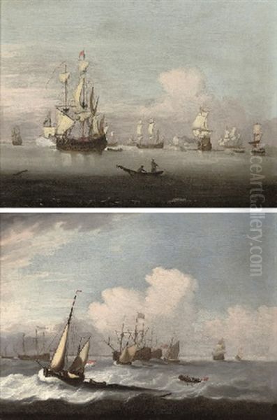 A Flagship Announcing Her Arrival At The Anchorage (+ Impending Bad Weather At A Fleet Anchorage; Pair) Oil Painting by Peter Monamy