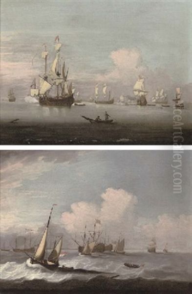 A Flagship Announcing Her Arrival At The Anchorage (+ Impending Bad Weather At A Fleet Anchorage; Pair) Oil Painting by Peter Monamy