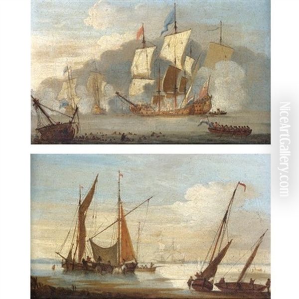 The Battle Of Solebay, 28th May 1672 (+ Shipping At Low Tide; Pair) Oil Painting by Peter Monamy