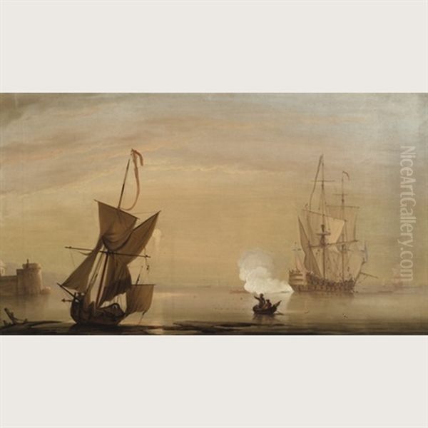 A British Man Of War Signalling Its Departure (+ An East Indiaman Signalling Its Arrival; Pair) Oil Painting by Peter Monamy