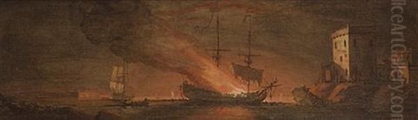 A Man-o'war Ablaze Off A Fortified Shore  (+ Two English Men-o'war And A Hoy Caught In A Mountainous Swell; Pair) Oil Painting by Peter Monamy