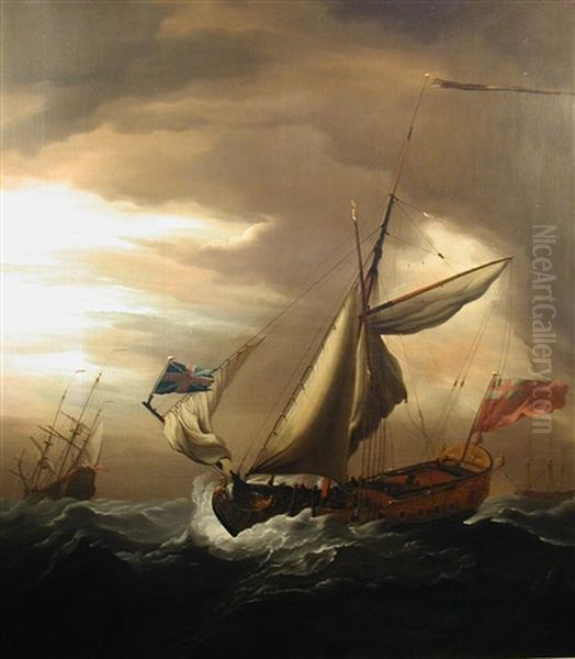 An Admiralty Yacht In A Swell Oil Painting by Peter Monamy