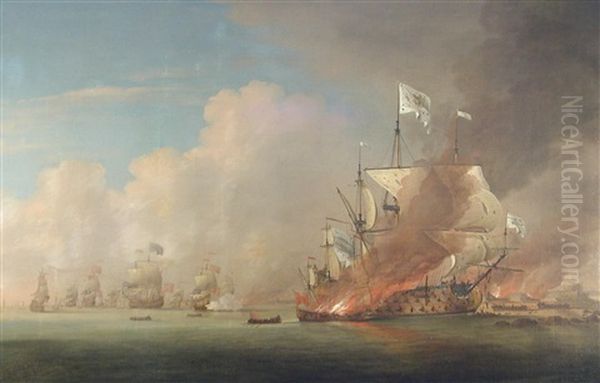 Battle Of Cap La Hogue Oil Painting by Peter Monamy