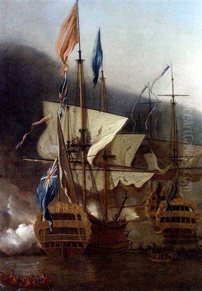 Warships Offshore Beginning A Bombardment, With Marines Preparing To Go Ashore Oil Painting by Peter Monamy