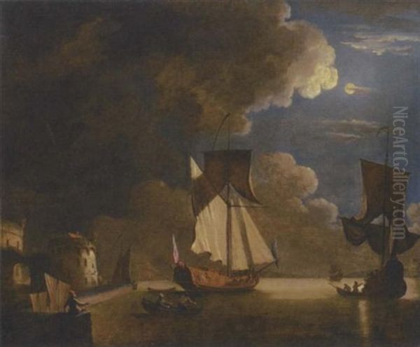 An Admiralty Yacht Off A Fortified Port By Moonlight Oil Painting by Peter Monamy