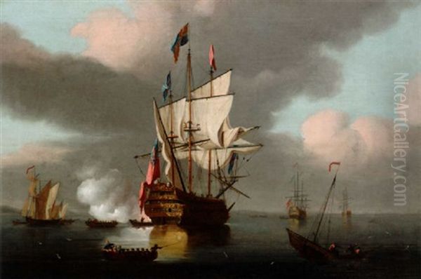 The Flagship At Anchor Firing An Admiral's Salute Oil Painting by Peter Monamy