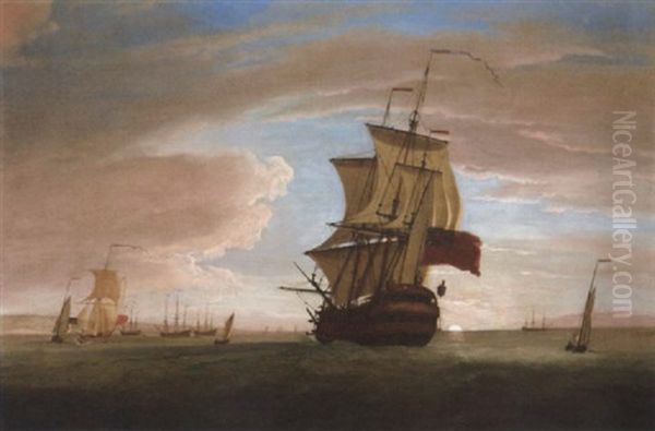 The Flagship Joining The Fleet At Its Anchorage At Sunset (the Medway?) Oil Painting by Peter Monamy