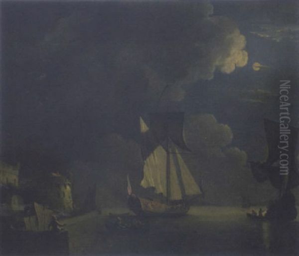 English Men O' War In Calm Waters Off The Coast Of A Mediterranean Port Oil Painting by Peter Monamy