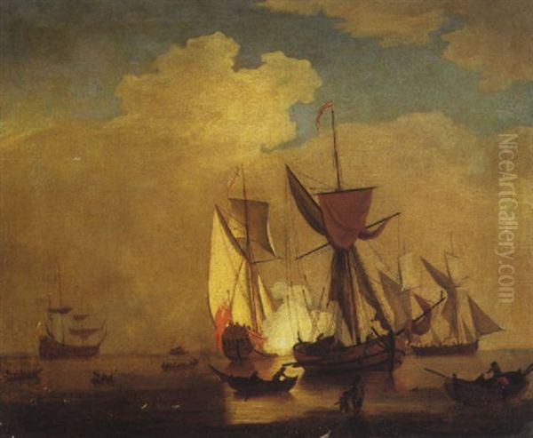 An English Man O' War Firing A Salute In Calm Waters, Other Sailing Vessel Nearby With Fishermen On The Beach In The Foreground Oil Painting by Peter Monamy