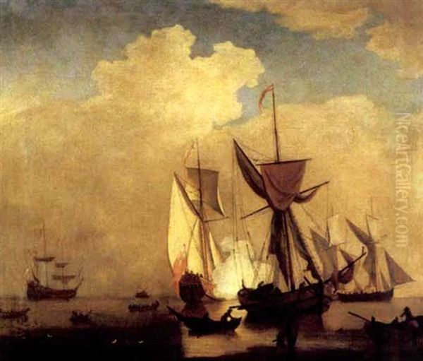 An English Man-o'war Firing Its Guns In Calm Waters, Other Sailing Vessels Nearby With Fishermen On The Beach In The Foreground Oil Painting by Peter Monamy