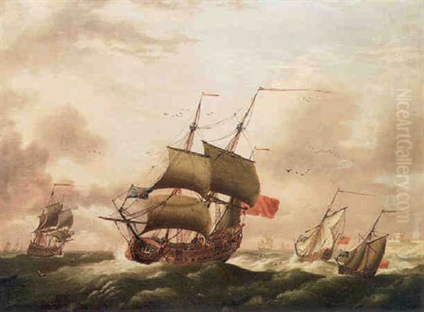 Vessels Of The Red Squadron Off A Fort Oil Painting by Peter Monamy