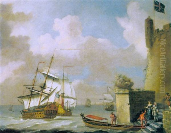 Seascape With Elegant Figures Approaching A Barge, British Men-of-war Beyond Oil Painting by Peter Monamy