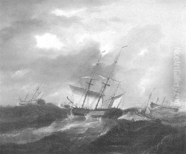 Masted Ships In A Storm Oil Painting by Peter Monamy