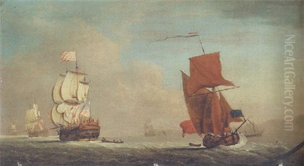 An Admiralty Yacht Running Past A Large East Indiaman With Other Shipping Beyond Oil Painting by Peter Monamy