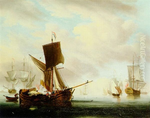 A Dutch Galjoot In English Waters With Two Men-o-war And Coastal Craft Oil Painting by Peter Monamy