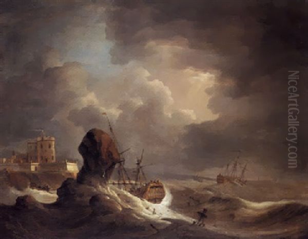 Shipping Off The Coast In A Storm Oil Painting by Peter Monamy