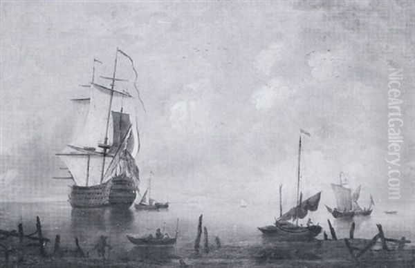 English Man-o-war At Anchor In A Harbour, With Coastal Vessels Oil Painting by Peter Monamy