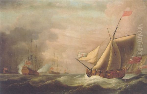 A Flagh Ship At Her Anchorage Saluting An Approaching Admiralty Yacht Oil Painting by Peter Monamy