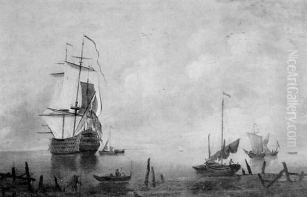 English Man O'war At Anchor In A Harbour, With Coastal Vessels Oil Painting by Peter Monamy