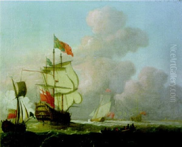 A Man Of War Firing A Salute, Other Shipping And A Harbour Beyond Oil Painting by Peter Monamy