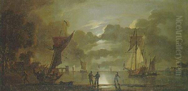 Moonlight Estuary With Numerous Figures And Vessels Before A Town Oil Painting by Peter Monamy