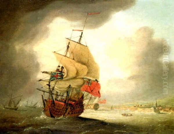 Men-o'-war In A Fresh Breeze Off A Harbour Entrance Oil Painting by Peter Monamy