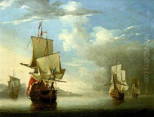 Men-o'-war At Anchor Off The Coast, Drying Their Sails Oil Painting by Peter Monamy