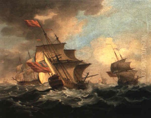 A British Man Of War In A Strong Breeze With East Indiamen In The Distance Oil Painting by Peter Monamy