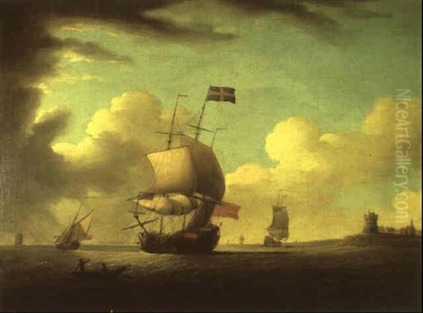 Man O'war And Other Vessels (off The Channel Islands?) Oil Painting by Peter Monamy