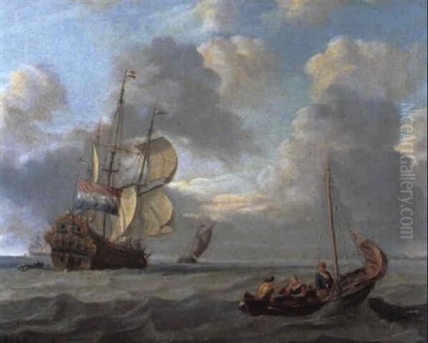 A Dutch Man-o'-war With A Fishing Boat In The Foreground by Peter Monamy