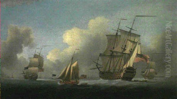 Men Of War, A Royal Yacht And A Cutter In The Nore Oil Painting by Peter Monamy